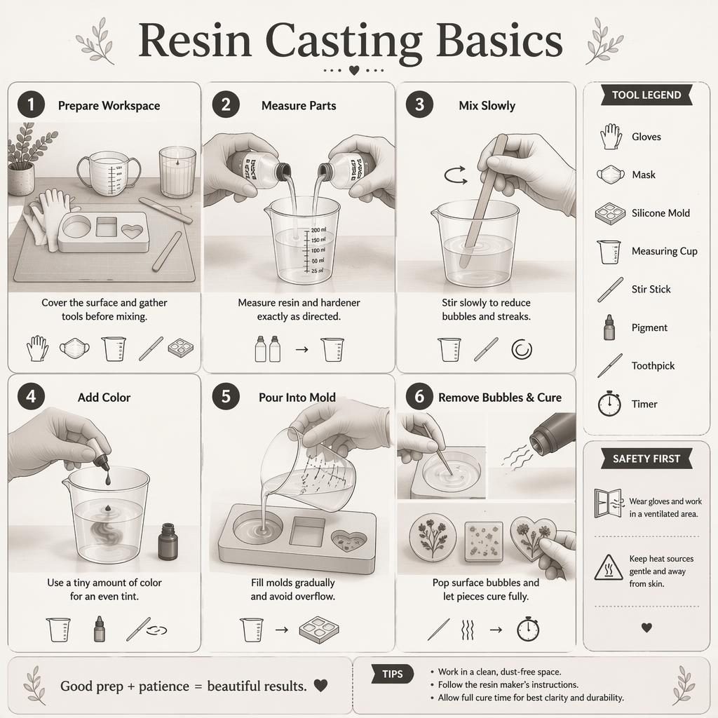 Monochrome resin casting beginner infographic with 6 numbered grid panels, tool legend, safety callouts, and step-by-step diagrams.
