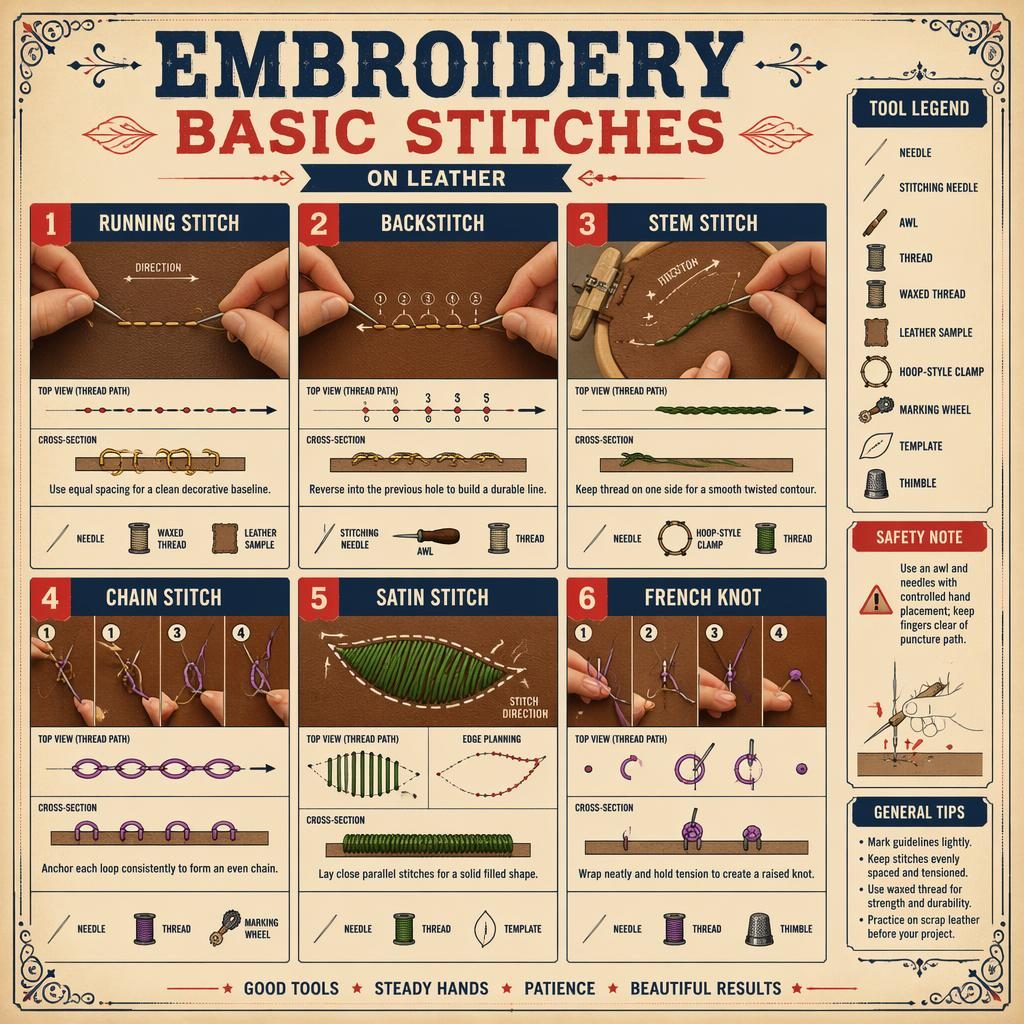 Vintage craft infographic with 6 panels showing embroidery basic stitches on leather, hand positions, tool icons, legend.