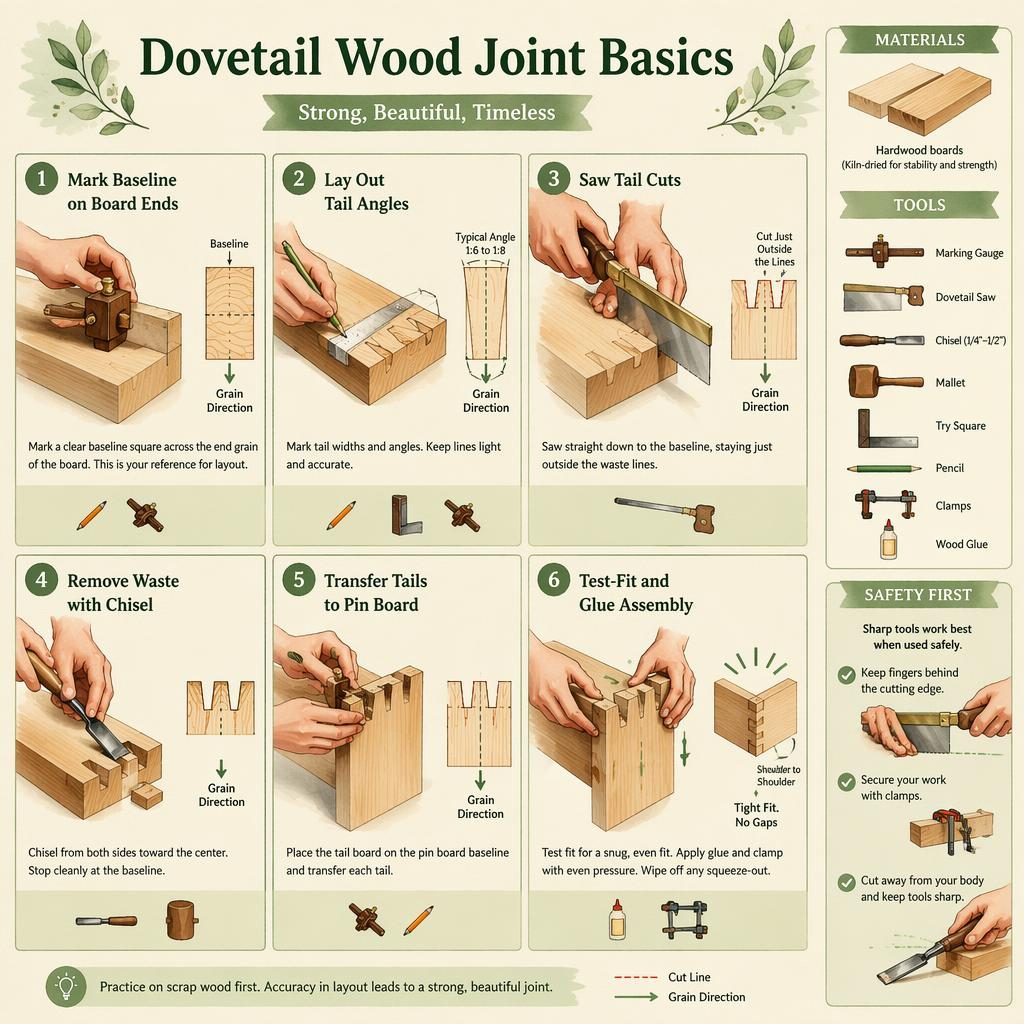 Watercolor DIY infographic showing 6 steps for beginner dovetail wood joints with tools sidebar and safety callout.