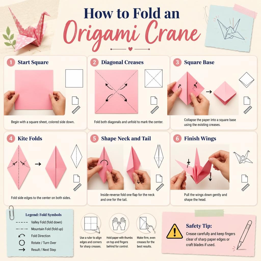 Infografía DIY en tonos pastel con 6 pasos numerados para doblar una grulla de origami, diagramas, flechas y manos.
