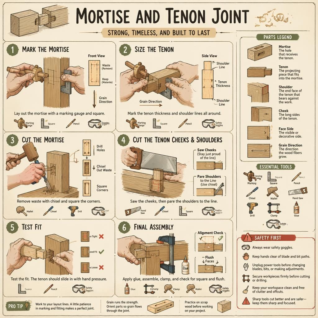 DIY-Infografik im Sketchnote-Stil mit 6 nummerierten Schritten, Händen, Werkzeug-Icons und Holzverbindungsdiagrammen.