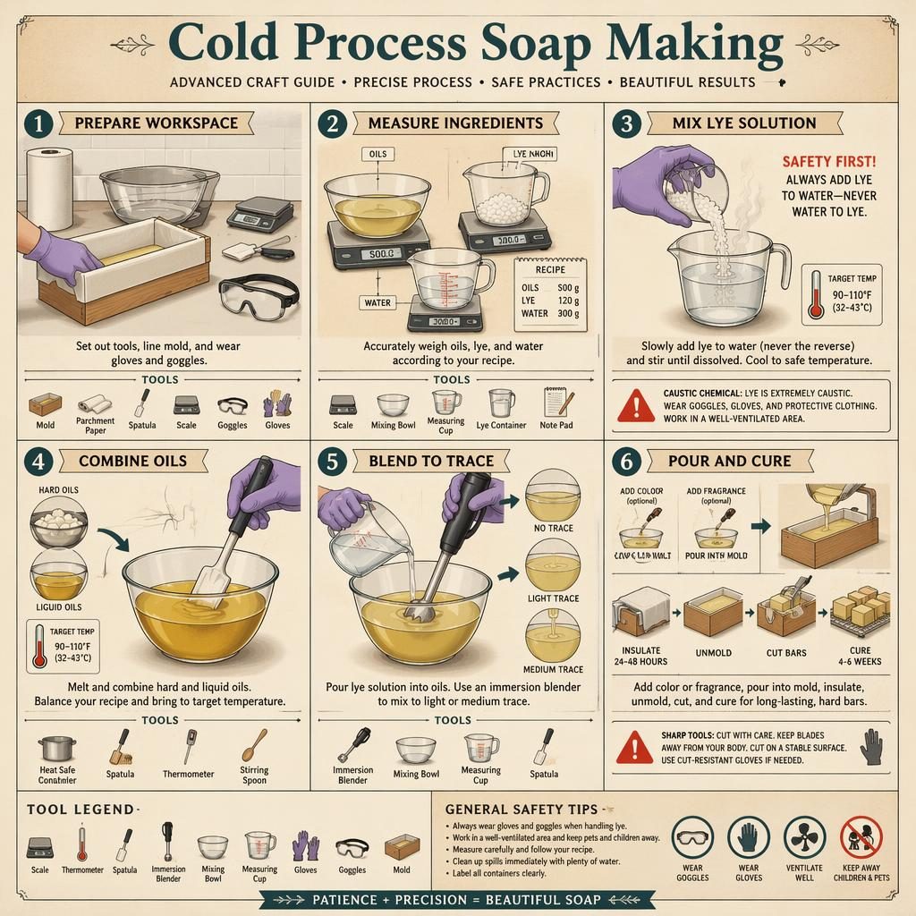 Instructional infographic with 6 numbered cold process soap making steps, tool icons, arrows, safety notes, and vintage palette.