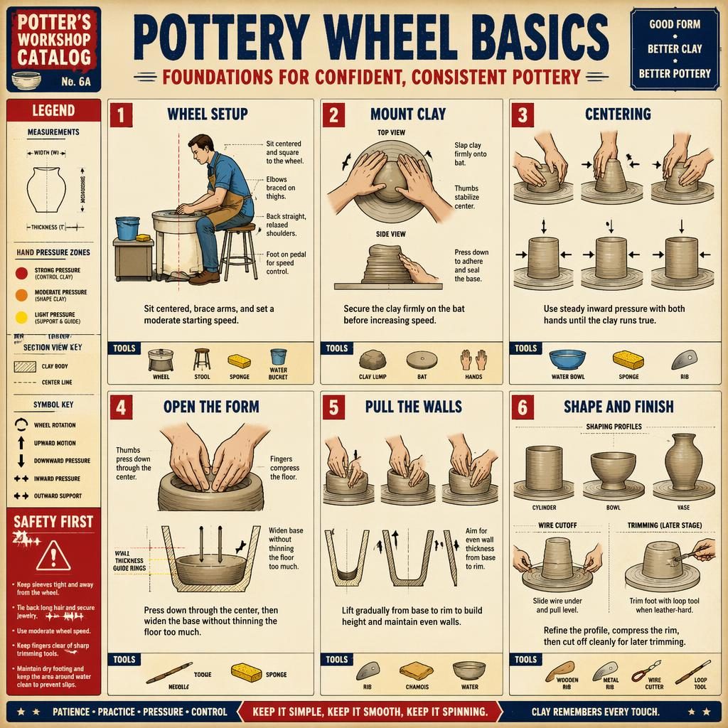 Vintage-style pottery wheel basics infographic with 6 numbered panels, hand diagrams, tool icons, and safety note.