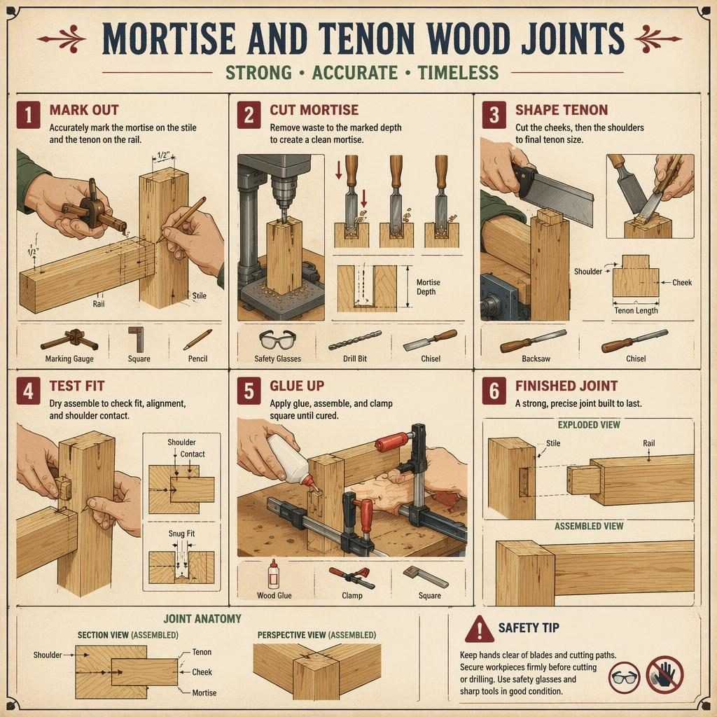Vintage-style DIY infographic with 6 schematic panels showing mortise and tenon wood joints, tools, hands, arrows, and safety icons.