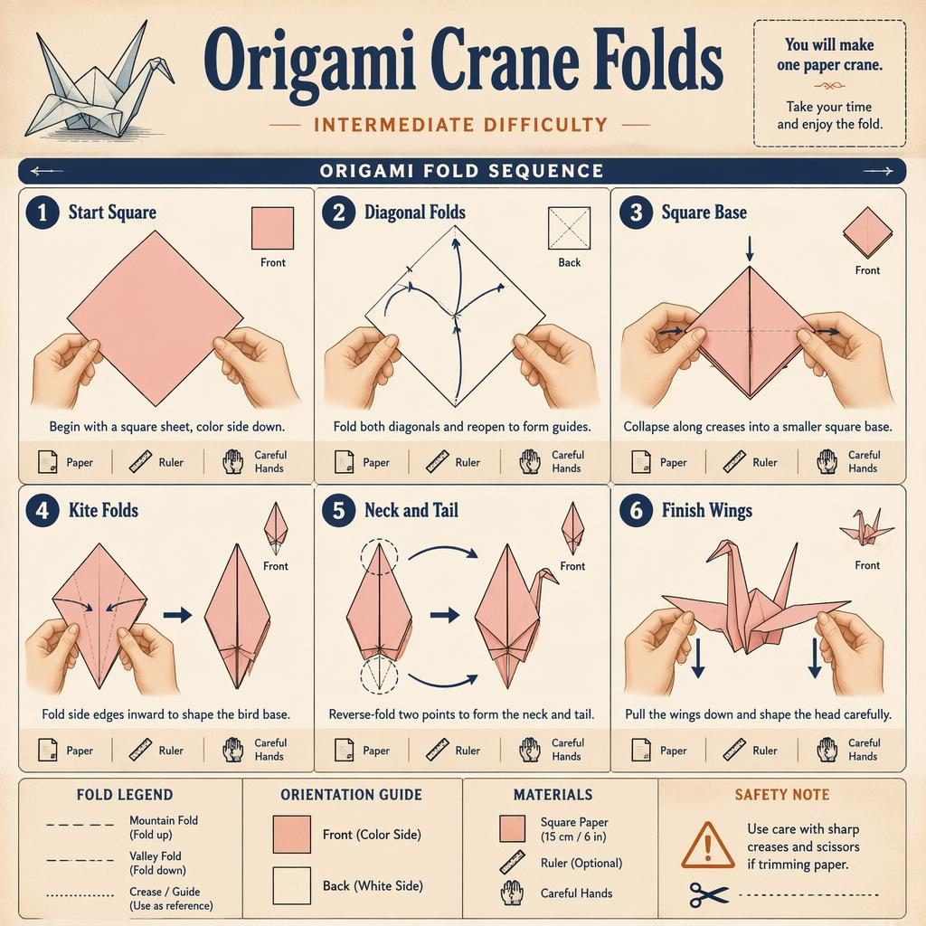 Instructional origami crane fold infographic with 6 numbered steps, hand diagrams, arrows, legends, and craft icons.