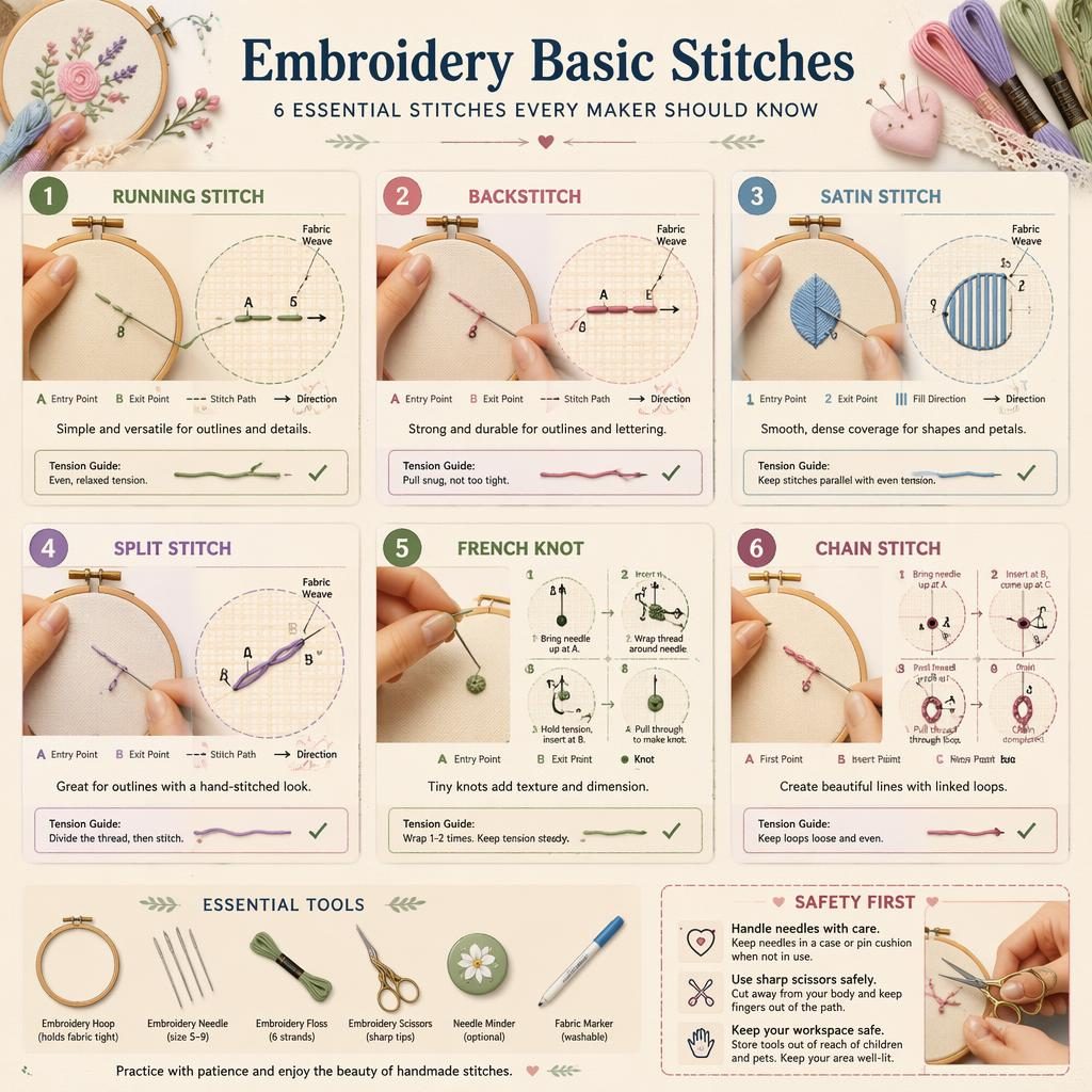 Pastel embroidery infographic with 6 numbered stitch panels, hands, hoop, needle, floss, arrows, diagrams, and safety tip.