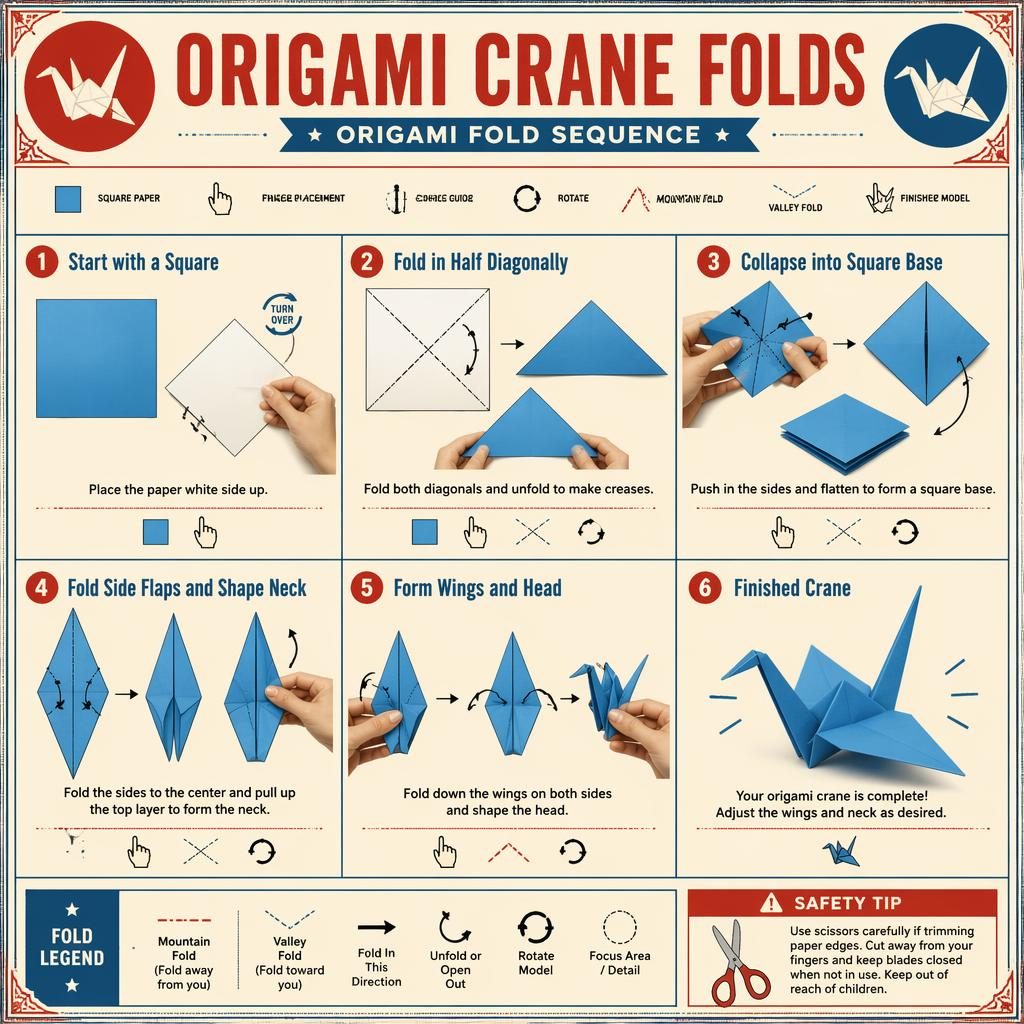 Vintage-style origami crane folds infographic with 6 numbered paper-fold steps, hand diagrams, arrows, icons, and safety tip.