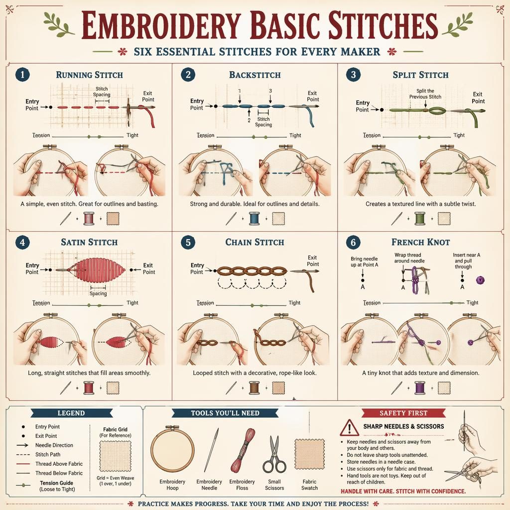 Vintage-Infografik mit 6 nummerierten Stickstichen, Handpositionen, Symbollegende, Werkzeugicons und Sicherheitshinweis.