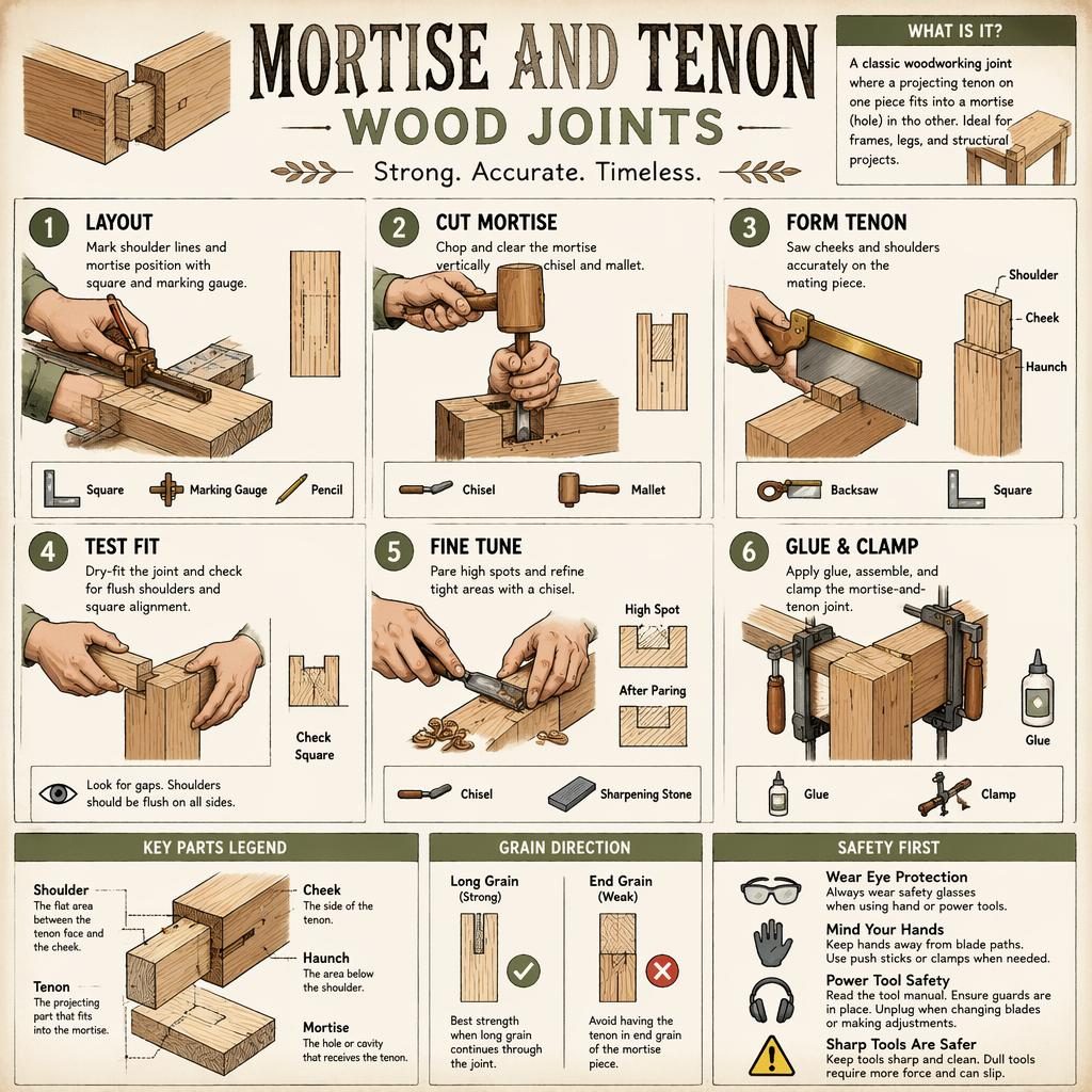 Sketchnote woodworking infographic with 6 numbered panels showing mortise and tenon joint steps, tools, parts legend, and safety note.
