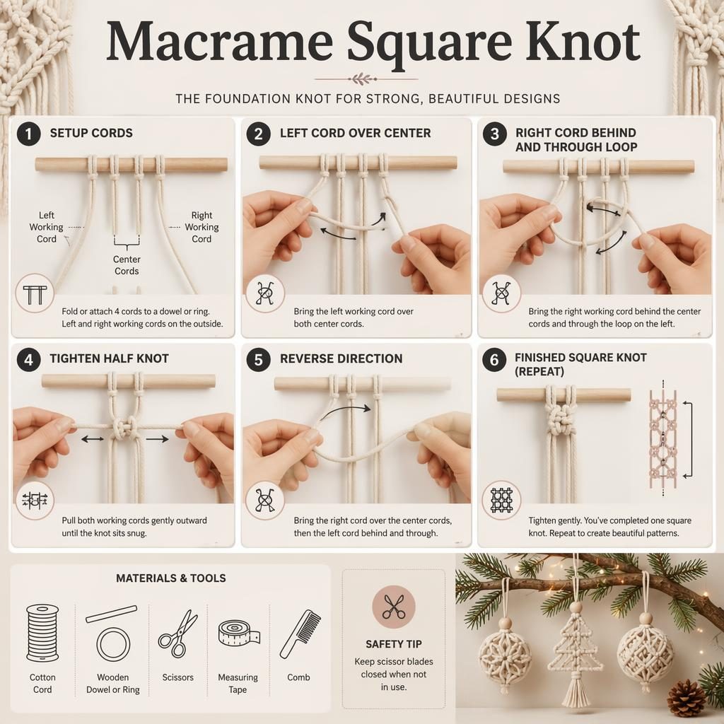 Minimal monochrome macrame square knot infographic with 6 numbered steps, hand diagrams, tool icons, dowel cords, and bauble art.