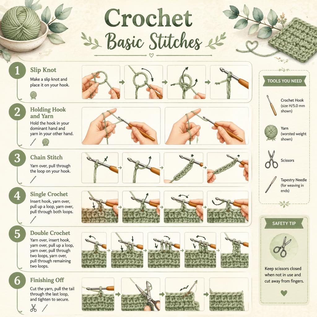 Beginner crochet infographic with 6 numbered steps, hands, hook, yarn arrows, tool icons, and safety tip in sage and cream.
