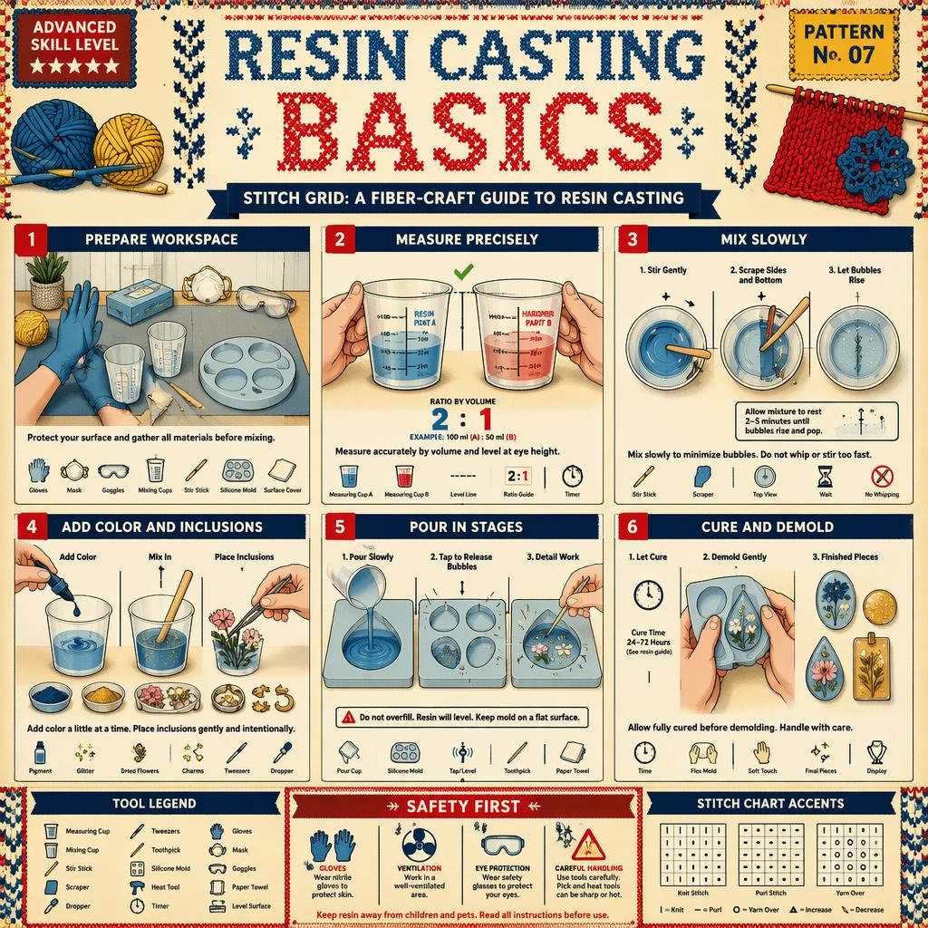 Vintage-style DIY infographic with 6 numbered panels showing resin casting basics in a fiber-craft instructional grid.