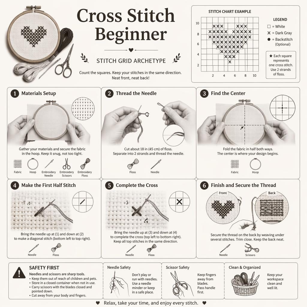 Minimalistische DIY-Infografik mit 6 nummerierten Schritten zum Kreuzstich, Stoffraster, Händen, Nadel und Werkzeug-Icons.