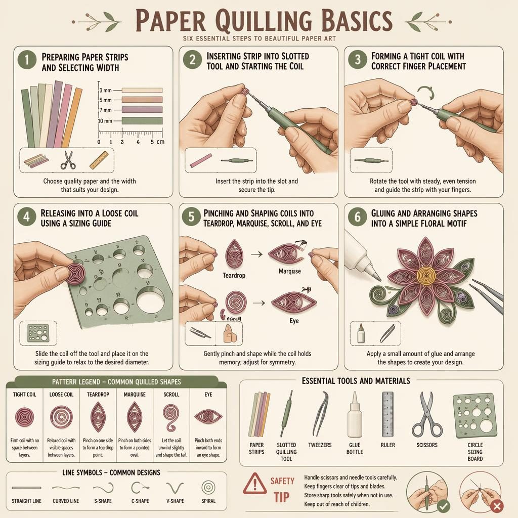 DIY-Infografik mit 6 nummerierten Quilling-Schritten, Werkzeug-Icons, Form-Legende, Sicherheitsfeld und floralem Motiv.