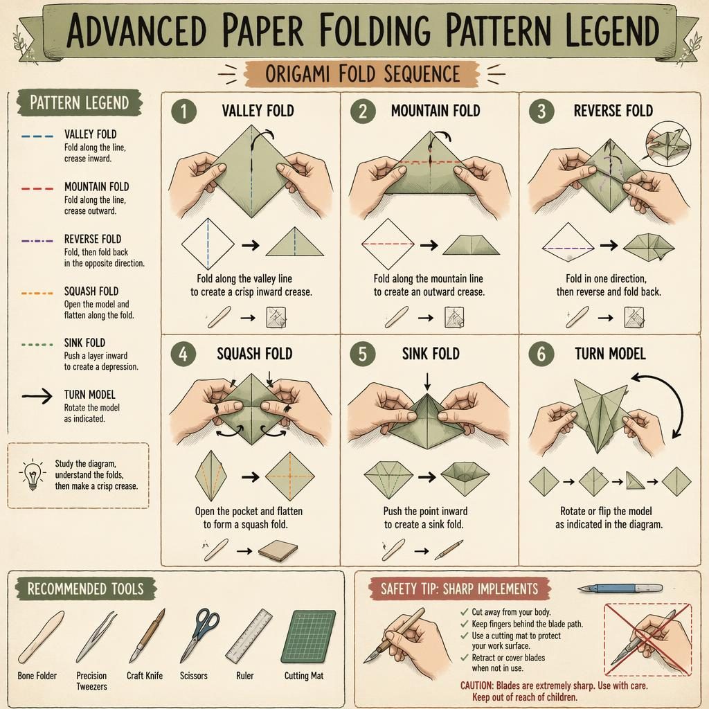 Sketchnote craft infographic with 6 numbered paper-fold steps, hands, arrows, fold symbols, tool icons, and safety tip.