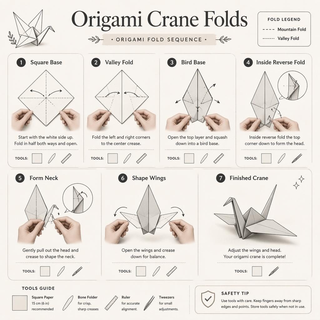 Monochrome craft infographic showing 7 numbered origami crane folding steps in a grid with arrows, captions, hand diagrams, and tool icons.