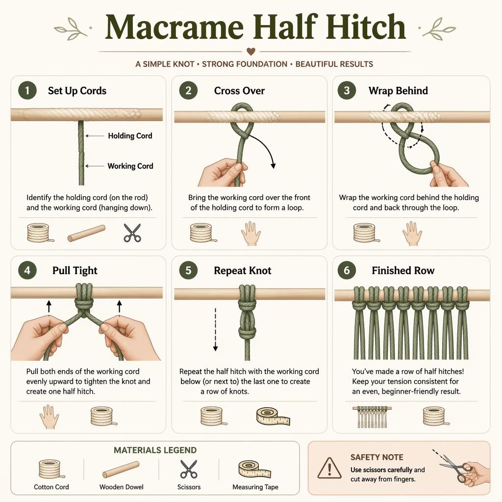 Minimal flat infographic showing 6 numbered steps for a macrame half hitch with cords, hands, arrows, icons, and safety note.