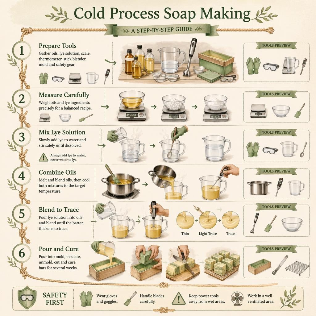 Watercolor infographic shows 6 vertical steps for cold process soap making with hands, arrows, tool icons, and safety callout.