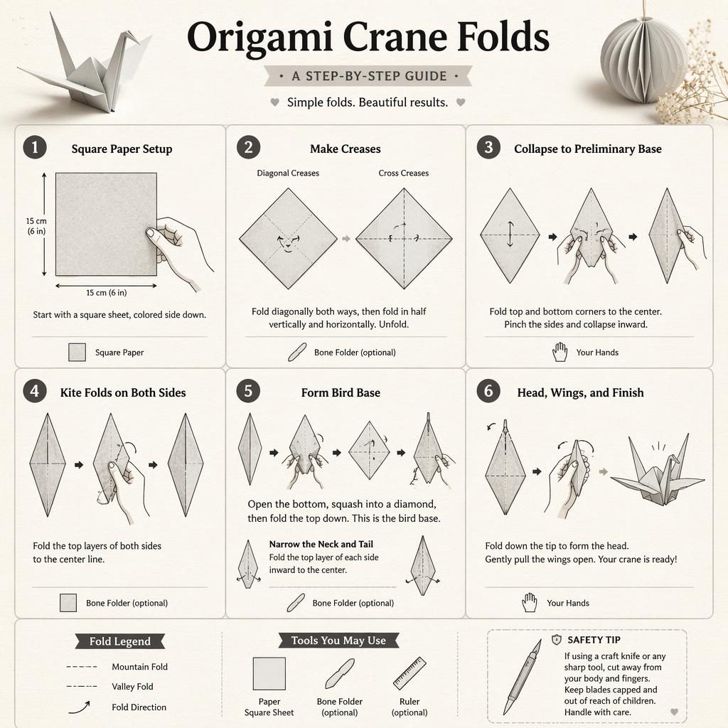 Monochrome DIY-Infografik mit 6 nummerierten Schritten zum Falten eines Origami-Kranichs, Händen, Pfeilen und Legende.