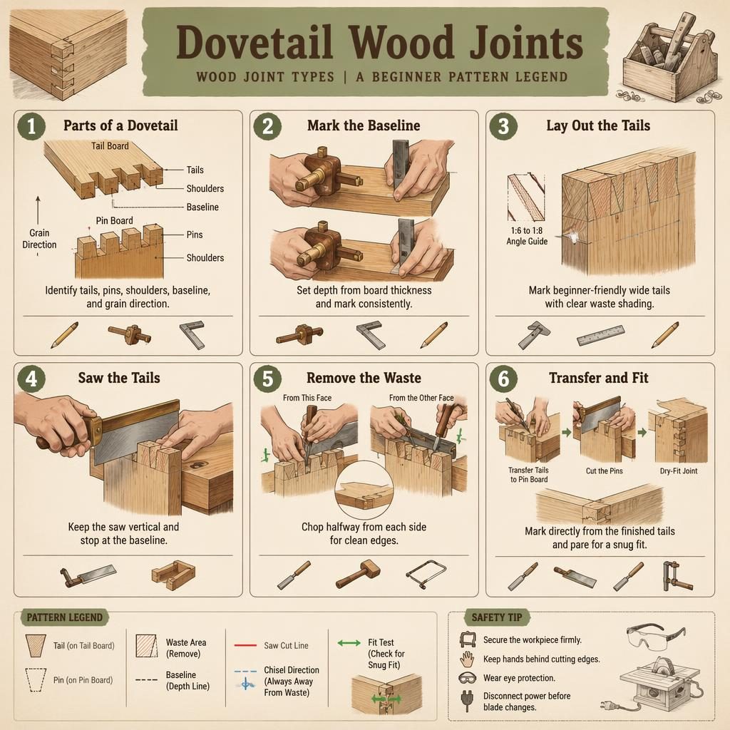 Sketchnote infographic with 6 numbered panels showing dovetail wood joints, tool icons, legend, and safety tip box.