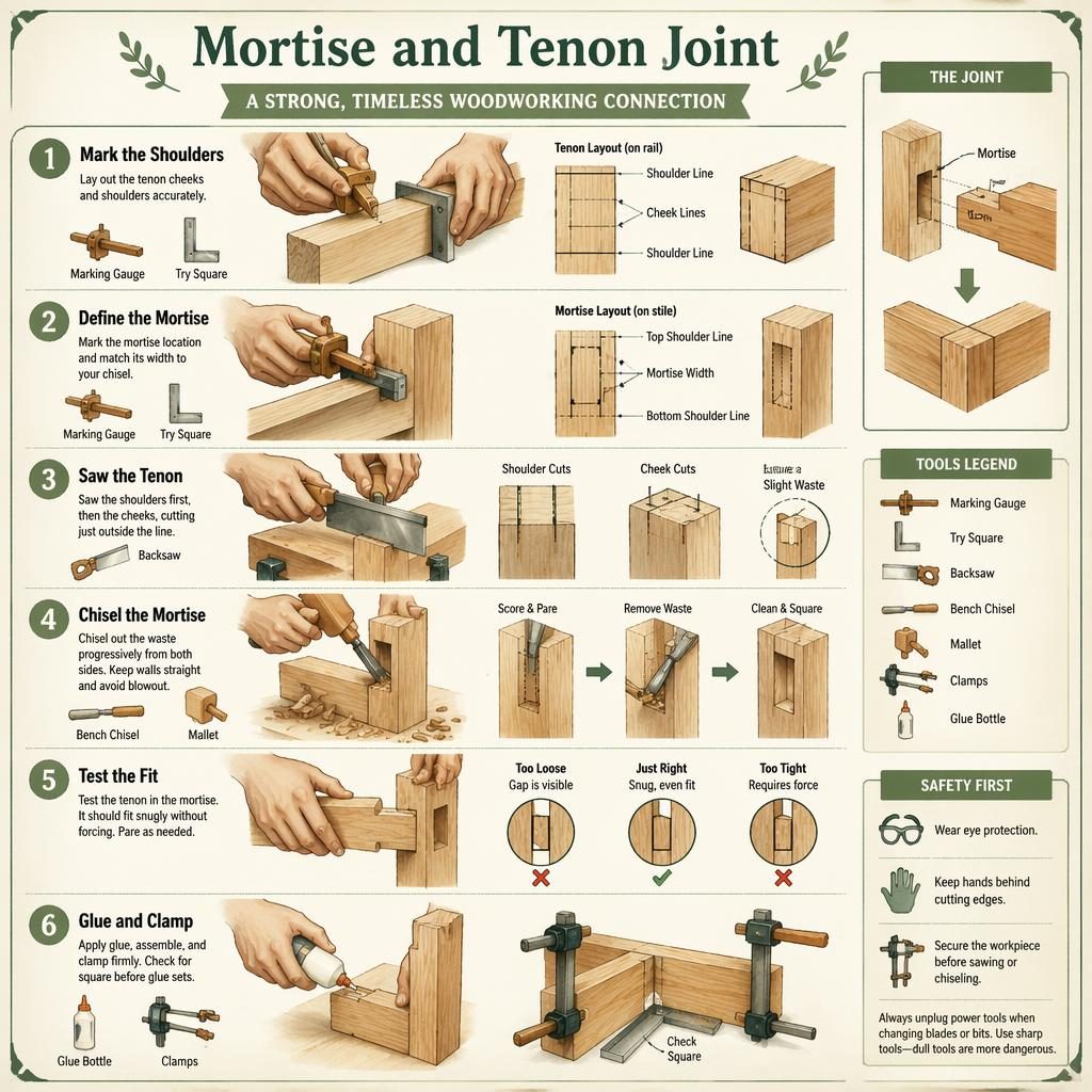 Watercolor woodworking infographic with 6 vertical steps for a mortise and tenon joint, tool legend, and safety tip panel
