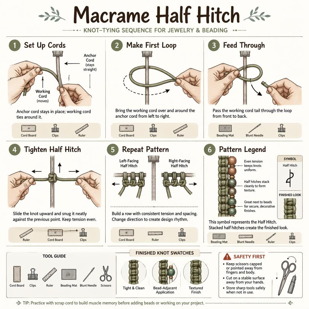 Sketchnote infographic showing 6 numbered macrame half hitch steps with hands, arrows, tool icons, legend panel, and knot swatches.