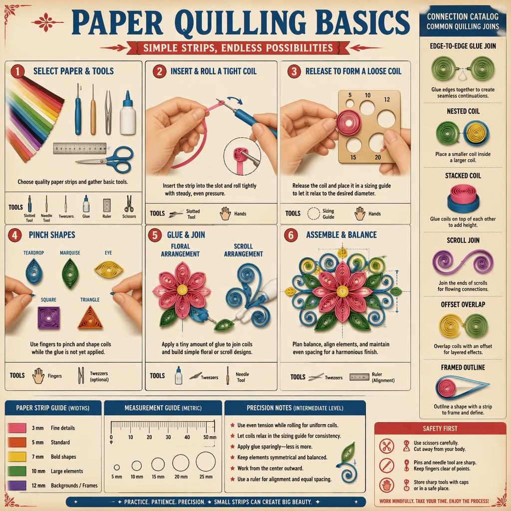 DIY-Infografik zu Paper Quilling mit 6 nummerierten Schritten, Werkzeugen, Handpositionen, Verbindungen und Sicherheitshinweisen.