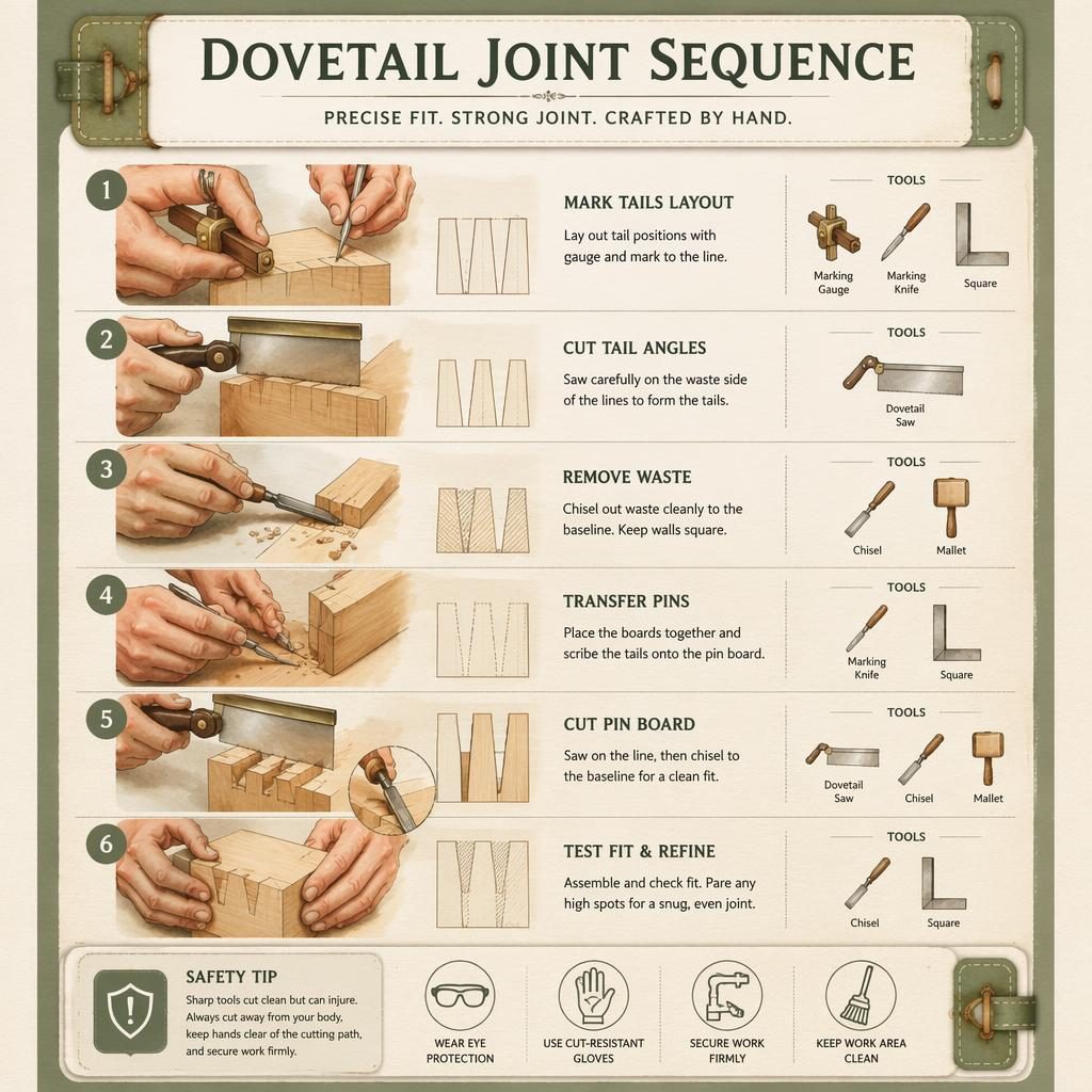Vertical watercolor infographic showing 6 numbered dovetail joint steps, hand diagrams, English labels, tool icons, and safety tip.