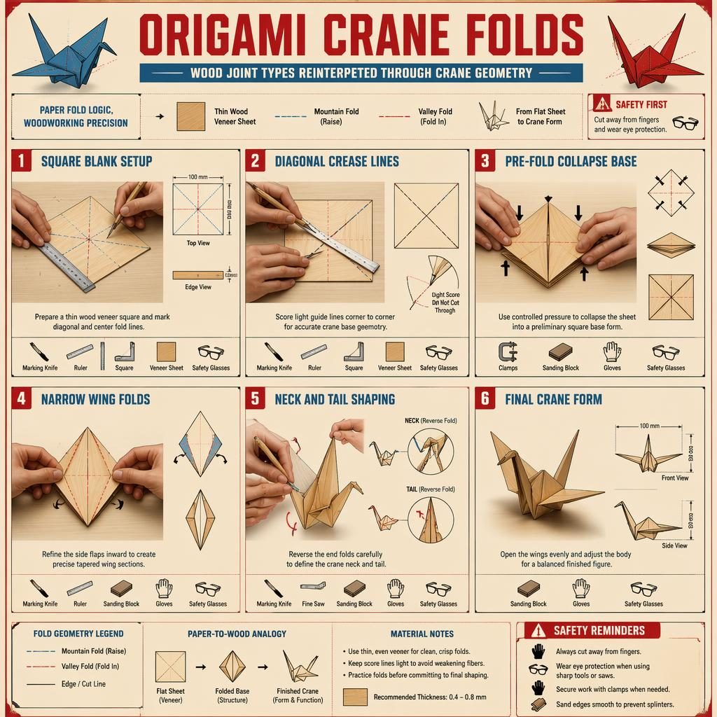 DIY-Infografik mit 6 Panels zur Kranichform aus Furnier, Vintage-Raster, englische Beschriftungen, Primärfarben, Werkzeugsymbole.