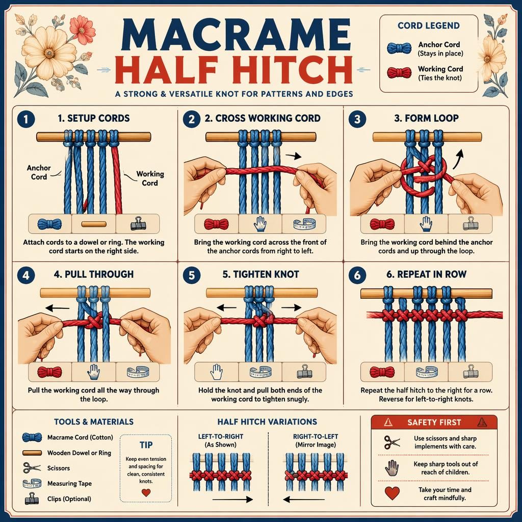 DIY-Infografik zum Makramee-Halbschlag mit 6 nummerierten Schritten, farbigen Kordeln, Pfeilen, Handpositionen und Werkzeug-Icons.