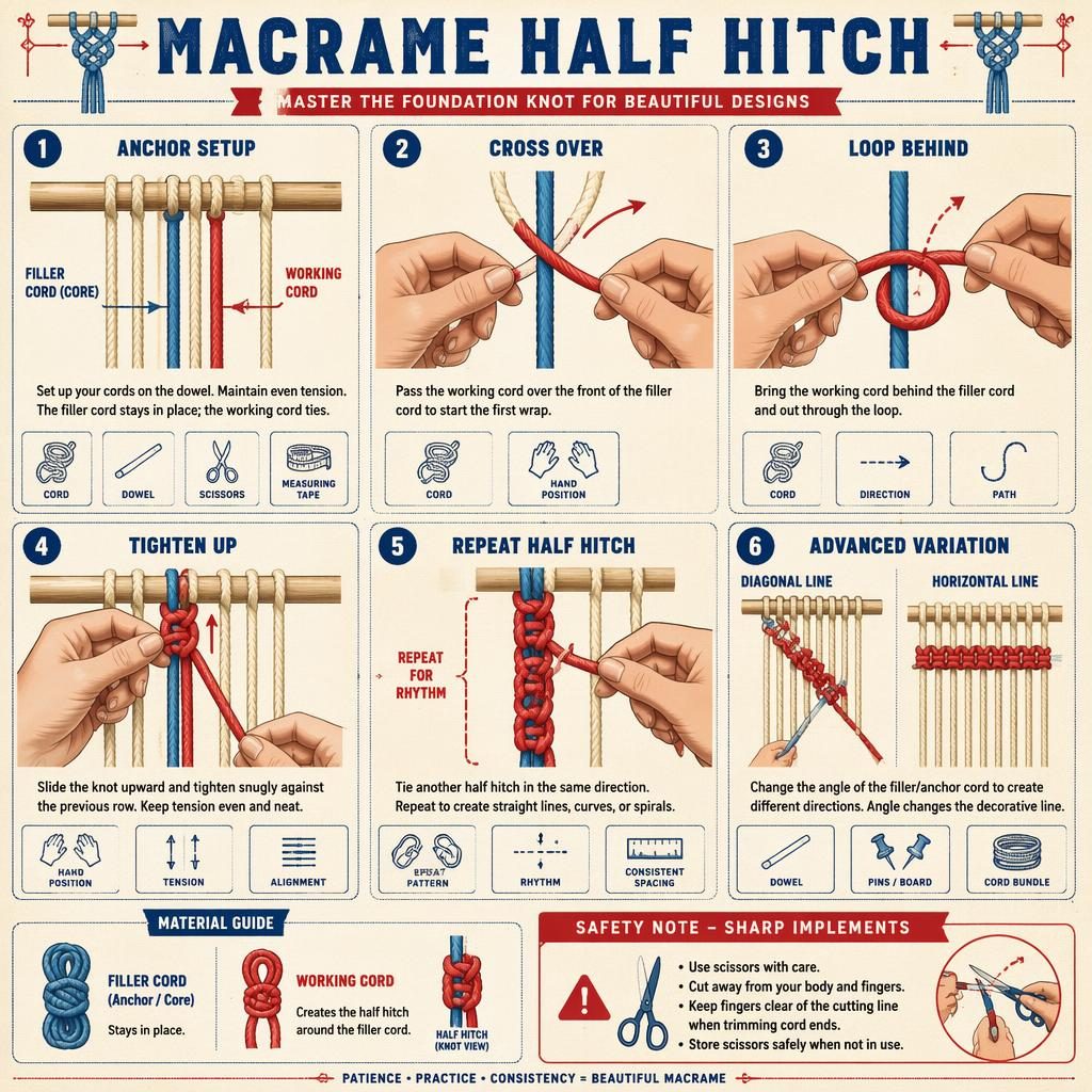 Vintage-style macrame half hitch infographic with 6 numbered steps, hand diagrams, arrows, icons, and safety note.