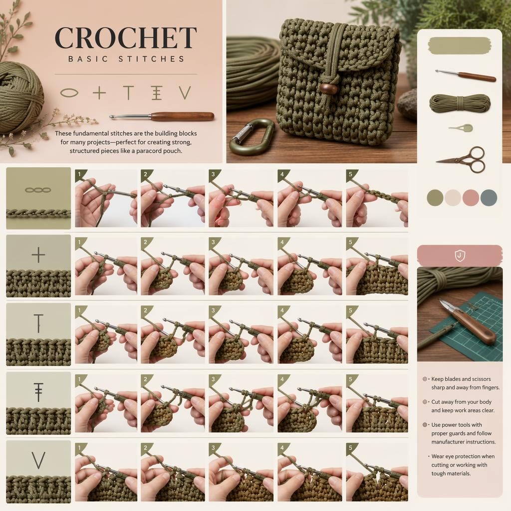 Craft / DIY infographic about: crochet basic stitches. Archetype: numbered fold sequence (origami / paper). Craft: woodw