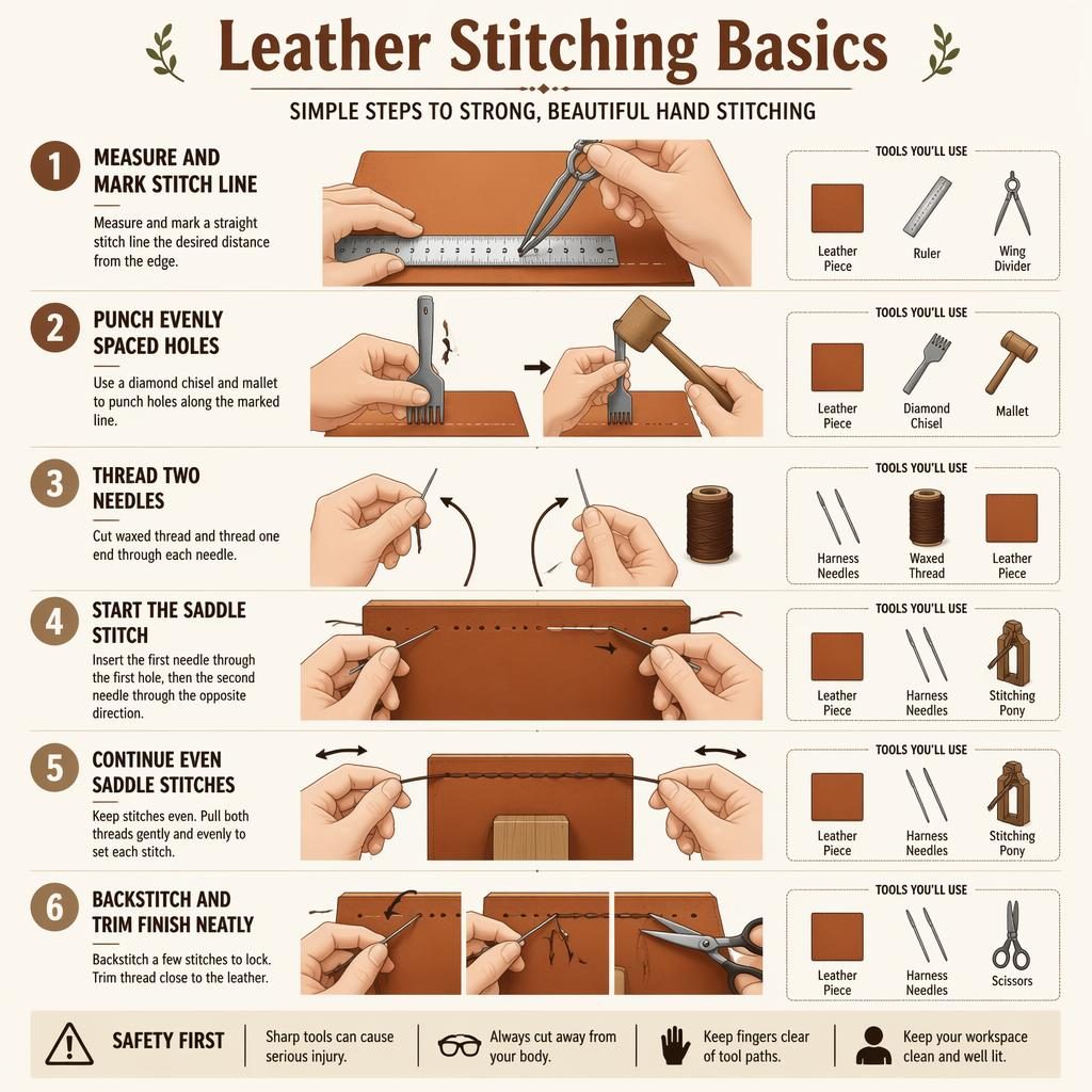 Minimal flat infographic showing 6 vertical steps of leather stitching with tools, hand positions, arrows, and safety tip.
