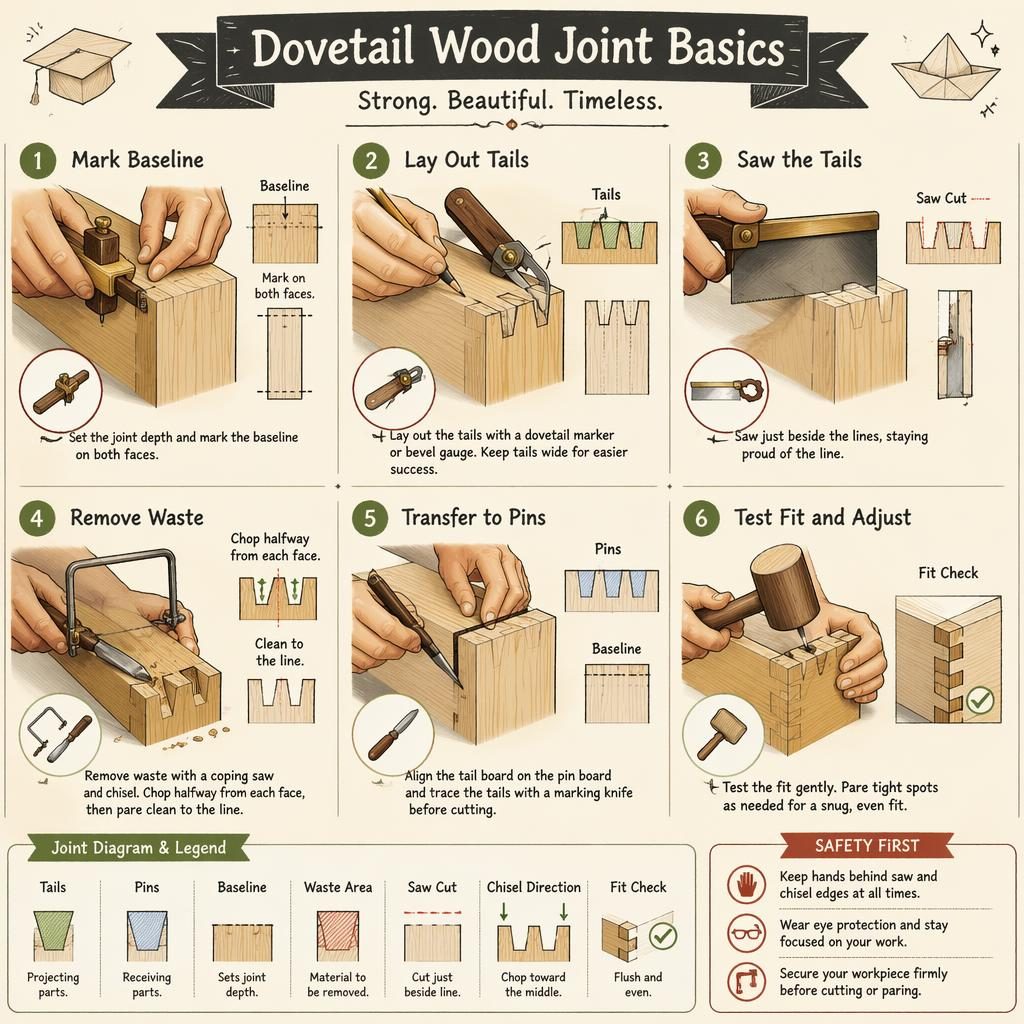 DIY infographic showing 6 numbered steps for a dovetail wood joint, tool icons, safety tip panel, and tiny origami graduation cap doodles.