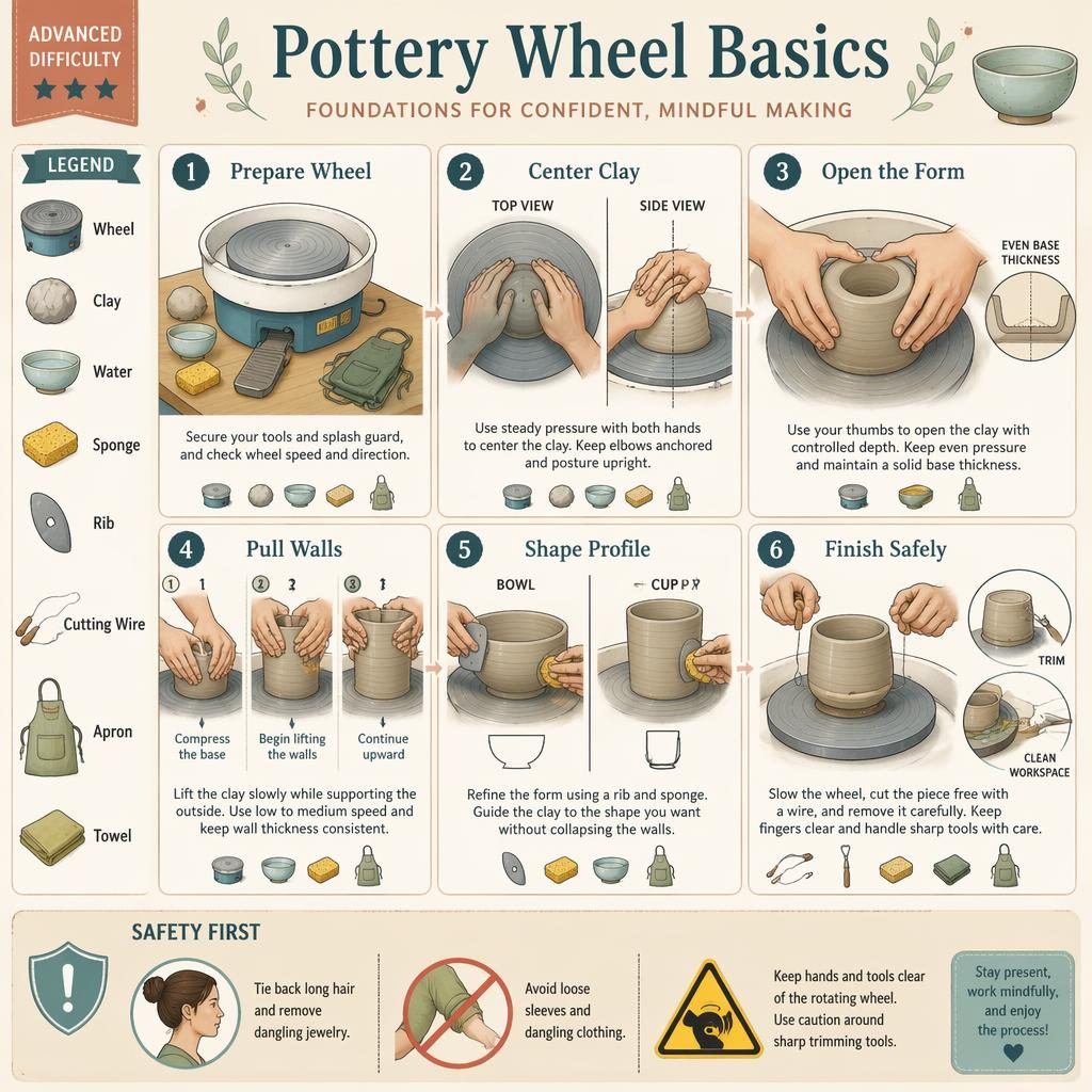 Pastel pottery wheel basics infographic with 6 numbered steps, hand diagrams, tool icons, and English safety callout.