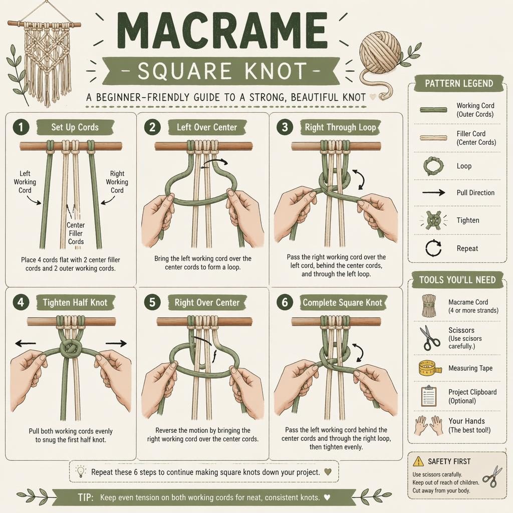 DIY-Infografik zum Makramee Square Knot mit 6 nummerierten Schritten, Handpositionen, Kordeln, Legende und Tool-Icons.