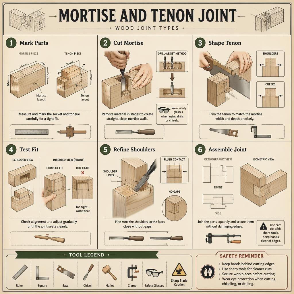 DIY infographic board showing 6 numbered mortise and tenon joint steps with diagrams, tool icons, hand positions, and safety symbols.