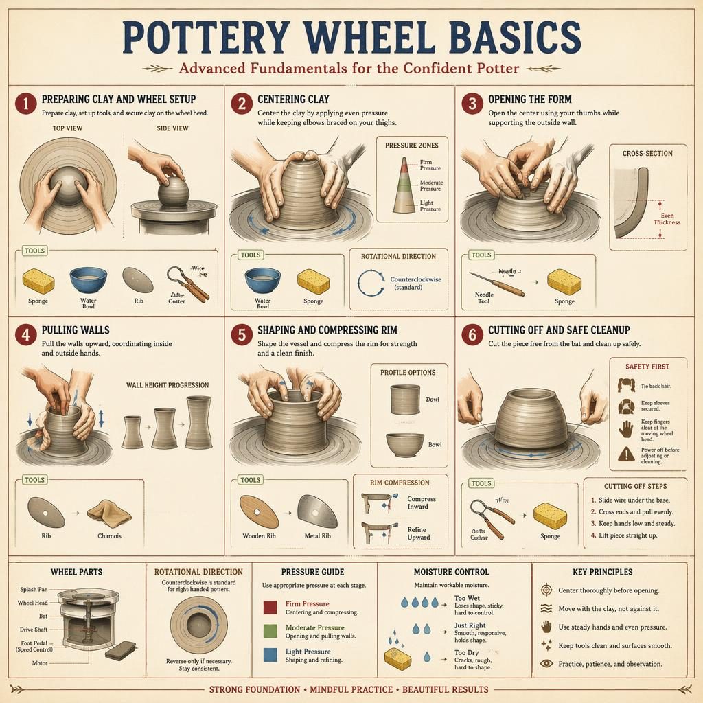 Vintage-style pottery wheel basics infographic with 6 numbered steps, hand diagrams, tool icons, labels, and safety note.