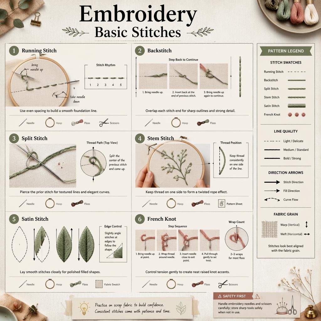 Sketchnote embroidery infographic with 6 numbered stitch panels, pattern legend sidebar, tool icons, and safety note.