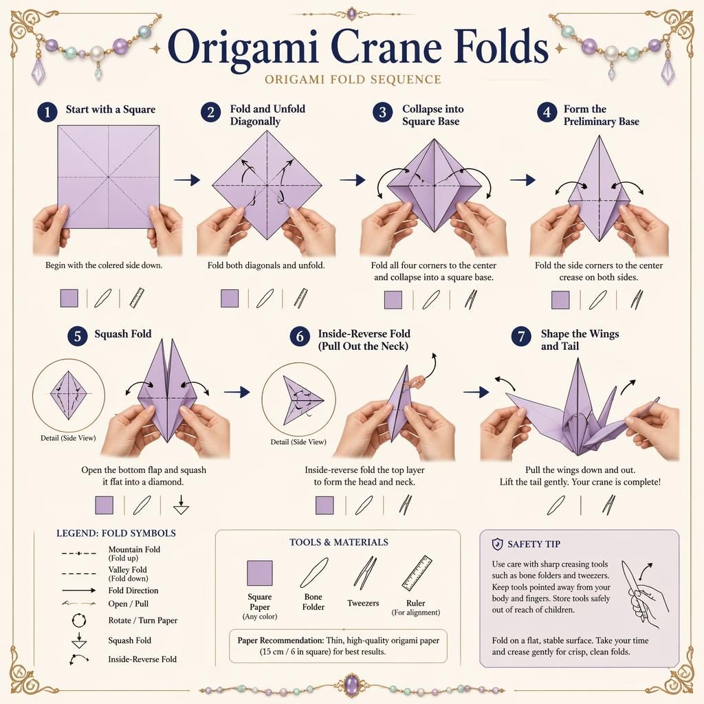 Technical origami crane folds infographic poster with 7 numbered paper-fold steps, hand diagrams, fold symbols, tools, and safety tip.