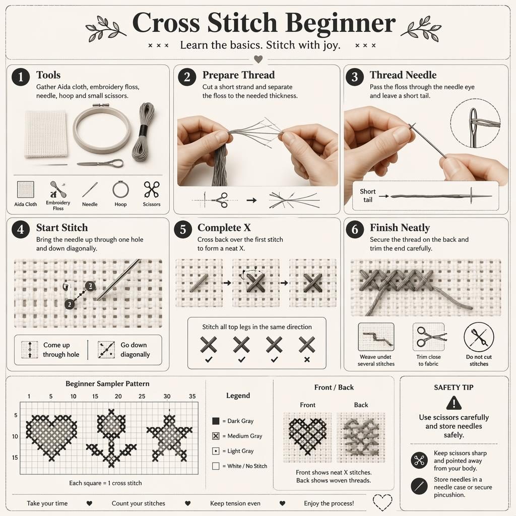 Monochrome DIY-Infografik mit 6 nummerierten Kreuzstich-Schritten, Werkzeugen, Aida-Raster, Pfeilen und Handdetails.