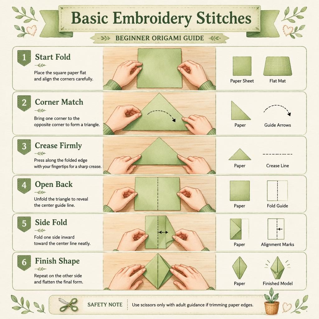 Watercolor craft infographic showing 6 numbered origami folding steps with hands, arrows, tool icons, and safety note.