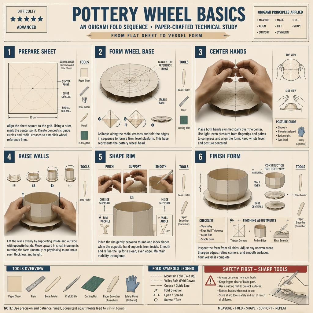 DIY-Infografik mit 6 nummerierten Schritten zu Töpferscheibe-Grundlagen als technische Papierfalt-Studie.