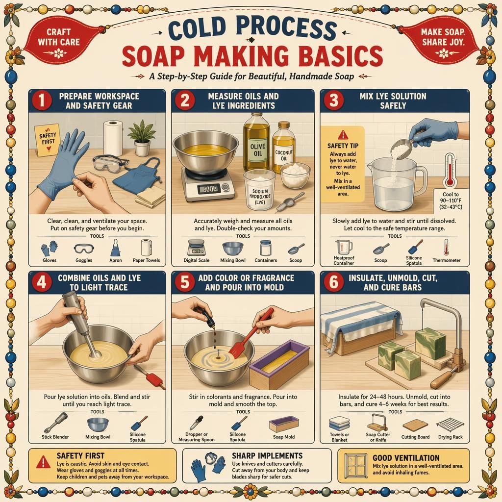 Vintage-style infographic page showing 6 numbered cold process soap making steps with hand diagrams, tools, and safety callouts.