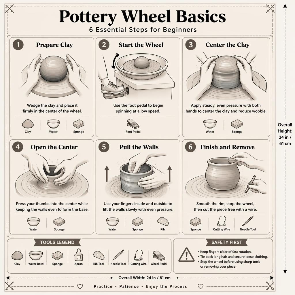 Monochrome stitch-grid infographic showing 6 pottery wheel basics steps, hand positions, tool icons, arrows, and safety tips.