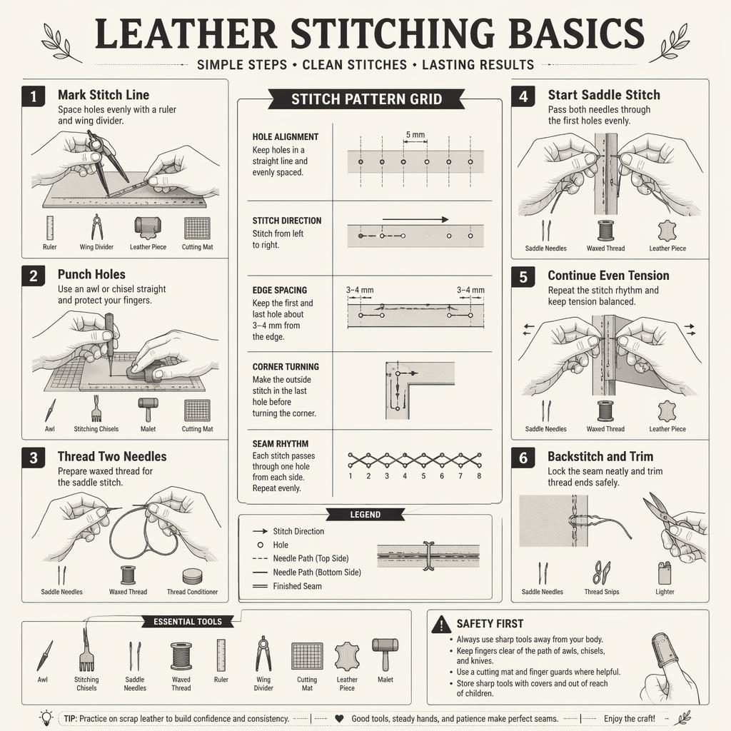 Monochrome DIY infographic showing 6 leather stitching steps, stitch grid chart, tool icons, legend, and safety note.
