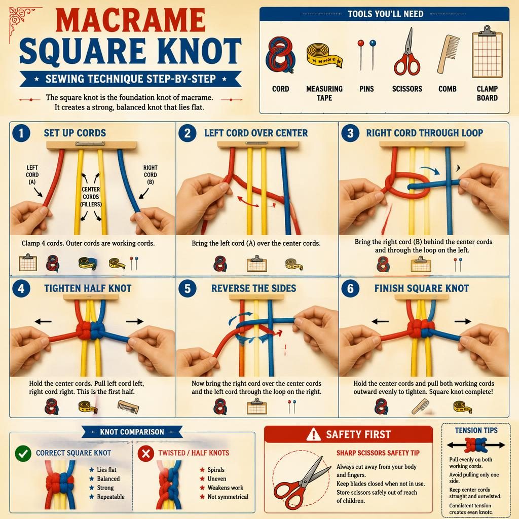 Vintage-style craft infographic showing 6 numbered steps for a macrame square knot with colored cords, hand diagrams, tools, arrows, and safety tip.