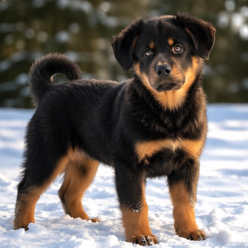 Ein einzelner Rottweiler-Shiba-Inu-Welpe steht entspannt in verschneiter Landschaft bei weichem natürlichem Licht.