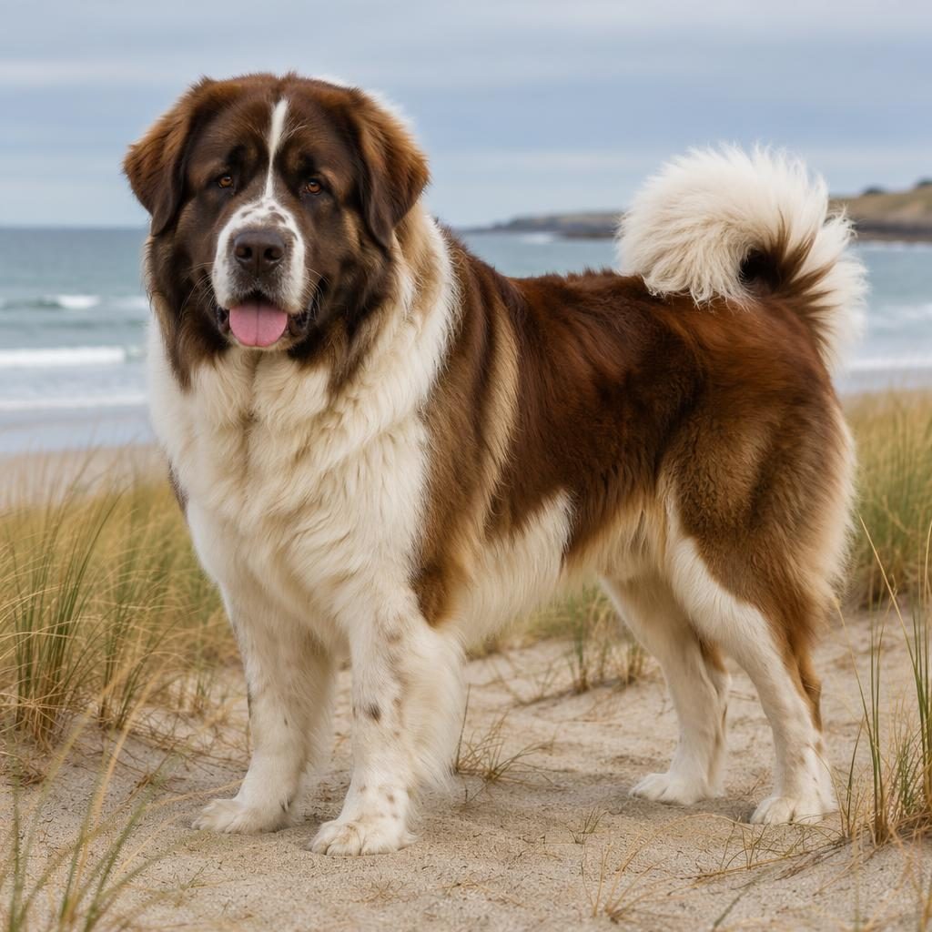 Fotorealistische Illustration eines freundlichen Mixhunds am Strand mit dichtem Fell, kräftigem Körperbau und weichem Licht.