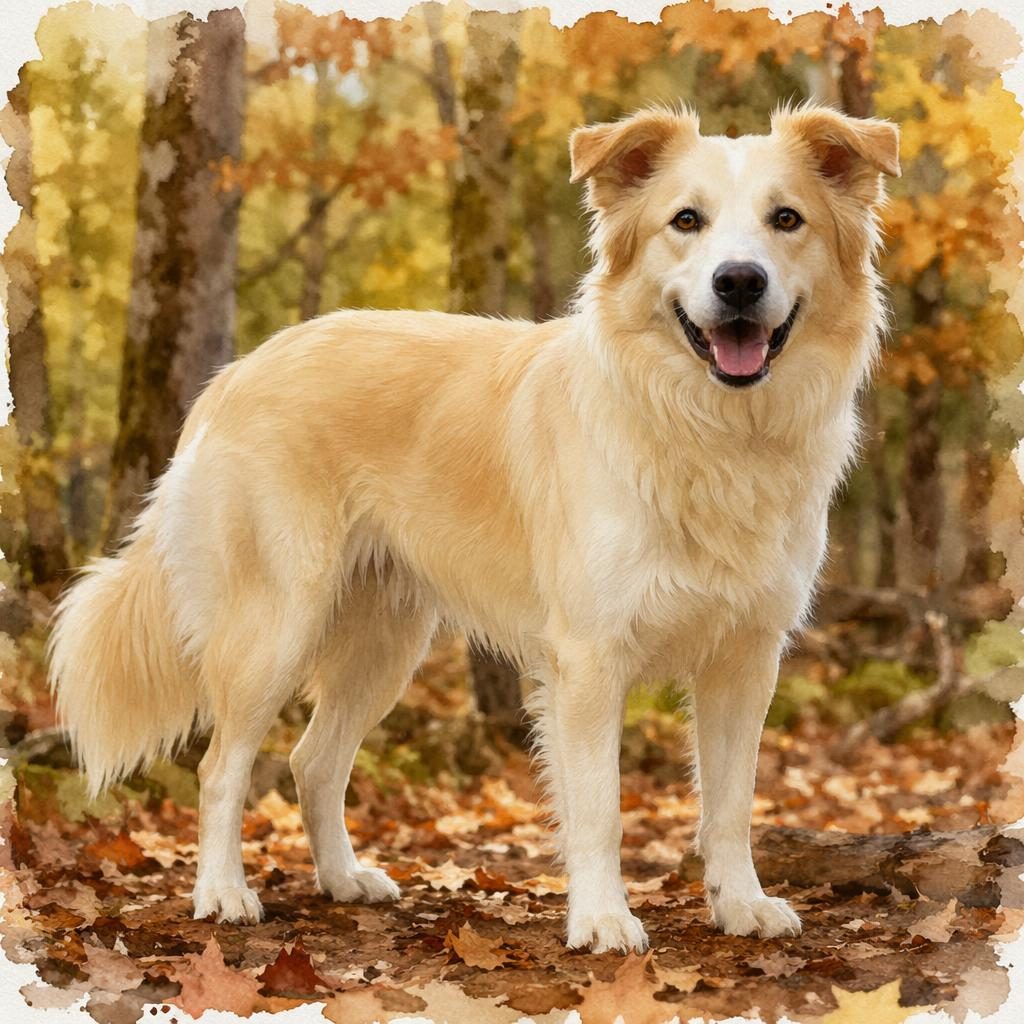 Ein einzelner junger Mischlingshund im Aquarellstil steht entspannt im Herbstwald, mit goldenem Fell und natürlichem Blick.